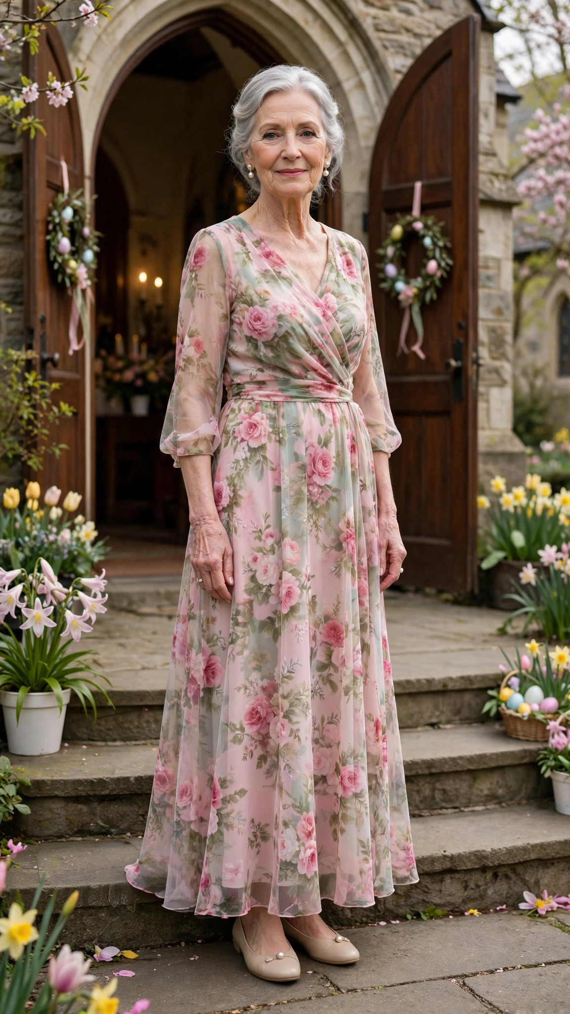 Rose floral chiffon dress with pearl earrings