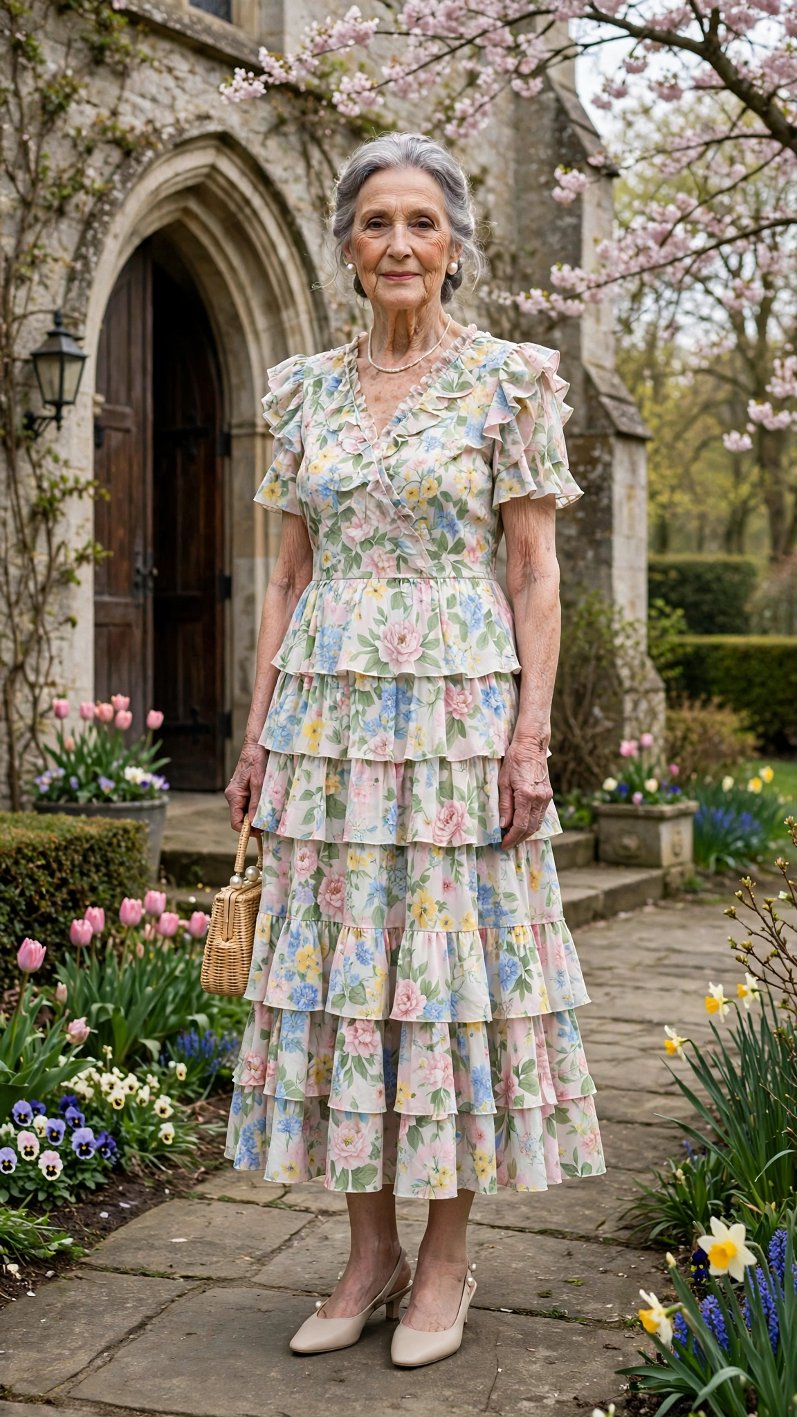Pastel floral tiered dress with pearl earrings