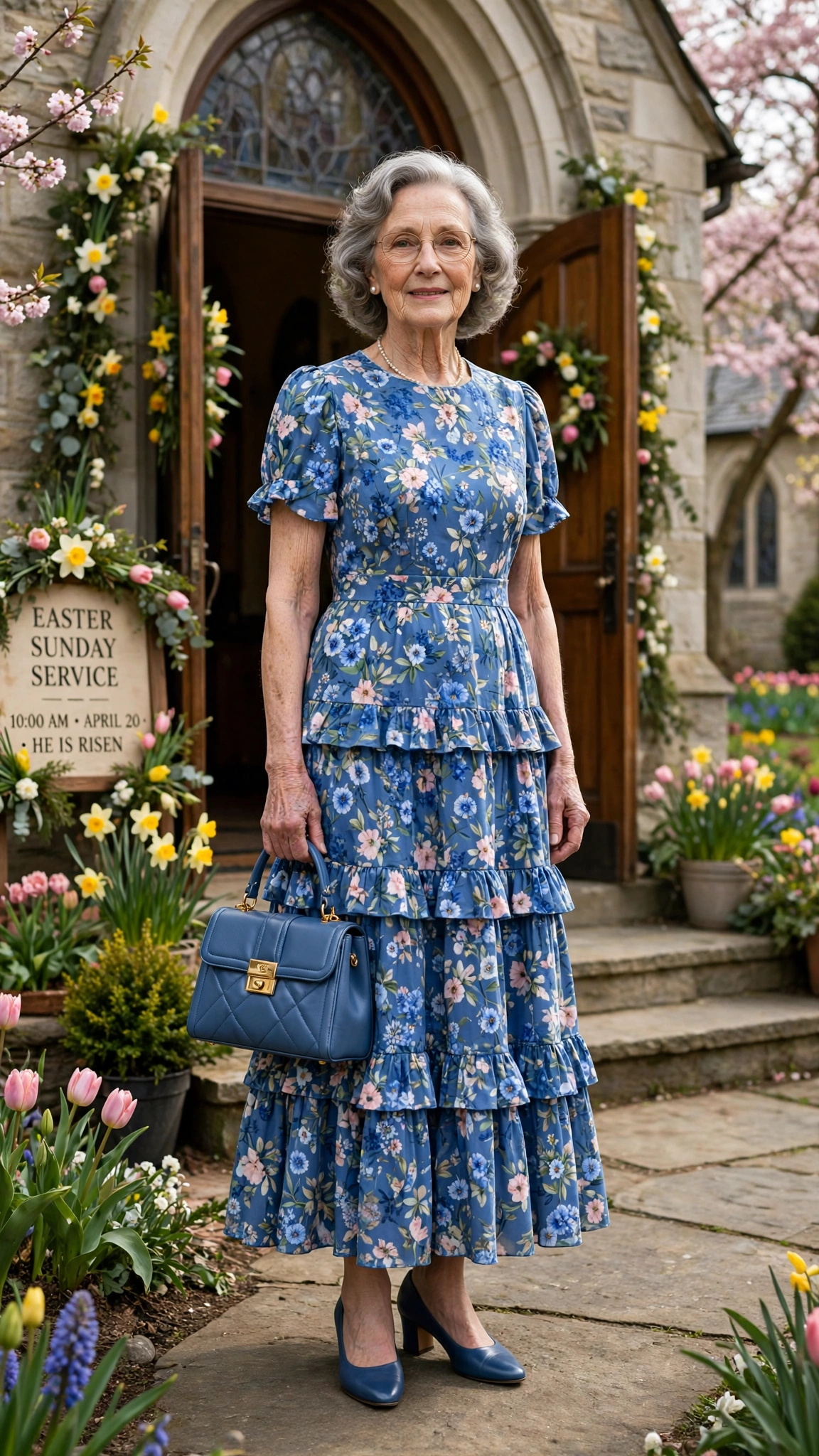 Blue floral tiered dress with a structured handbag