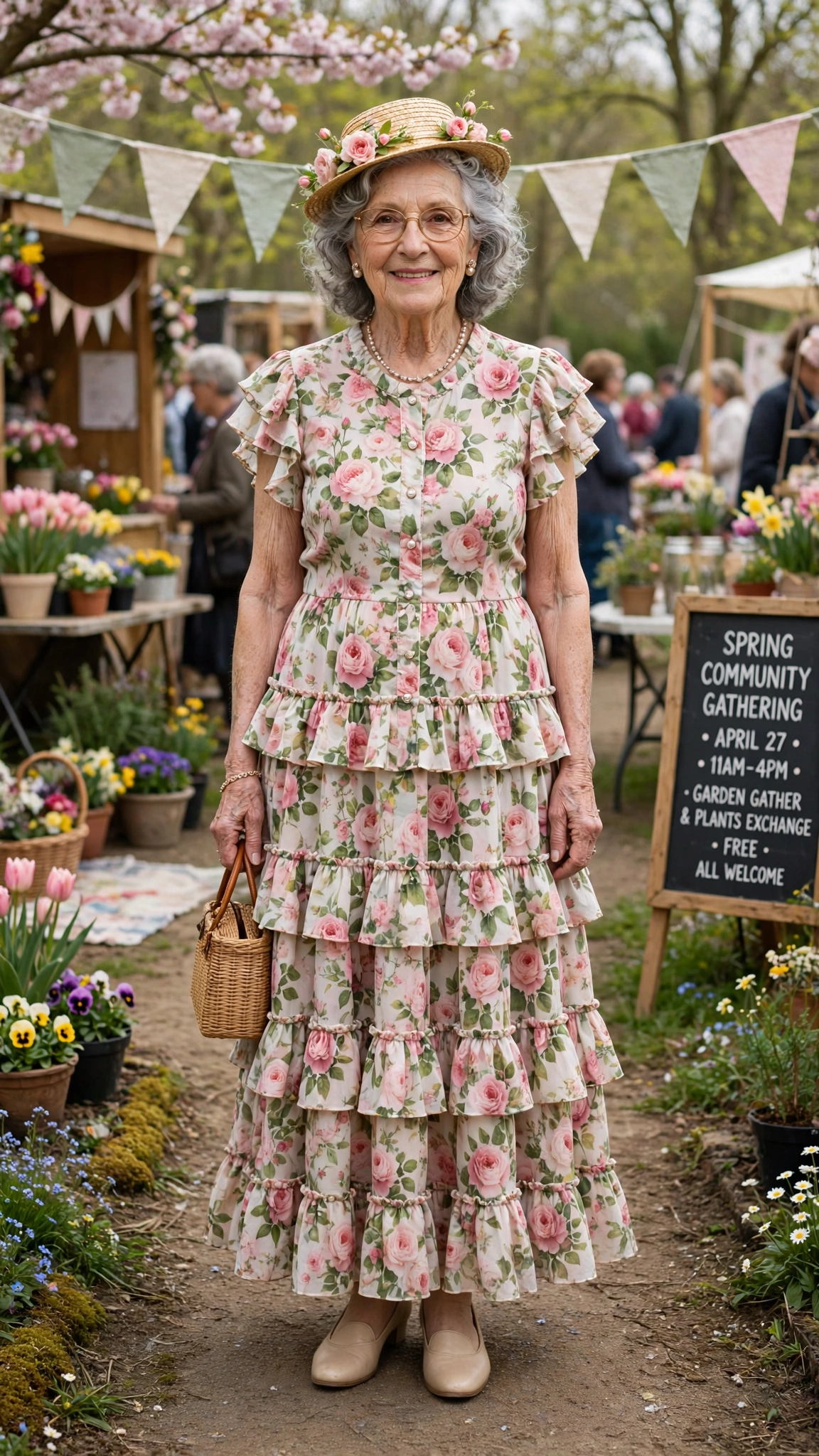 Garden rose tiered dress with a small hat