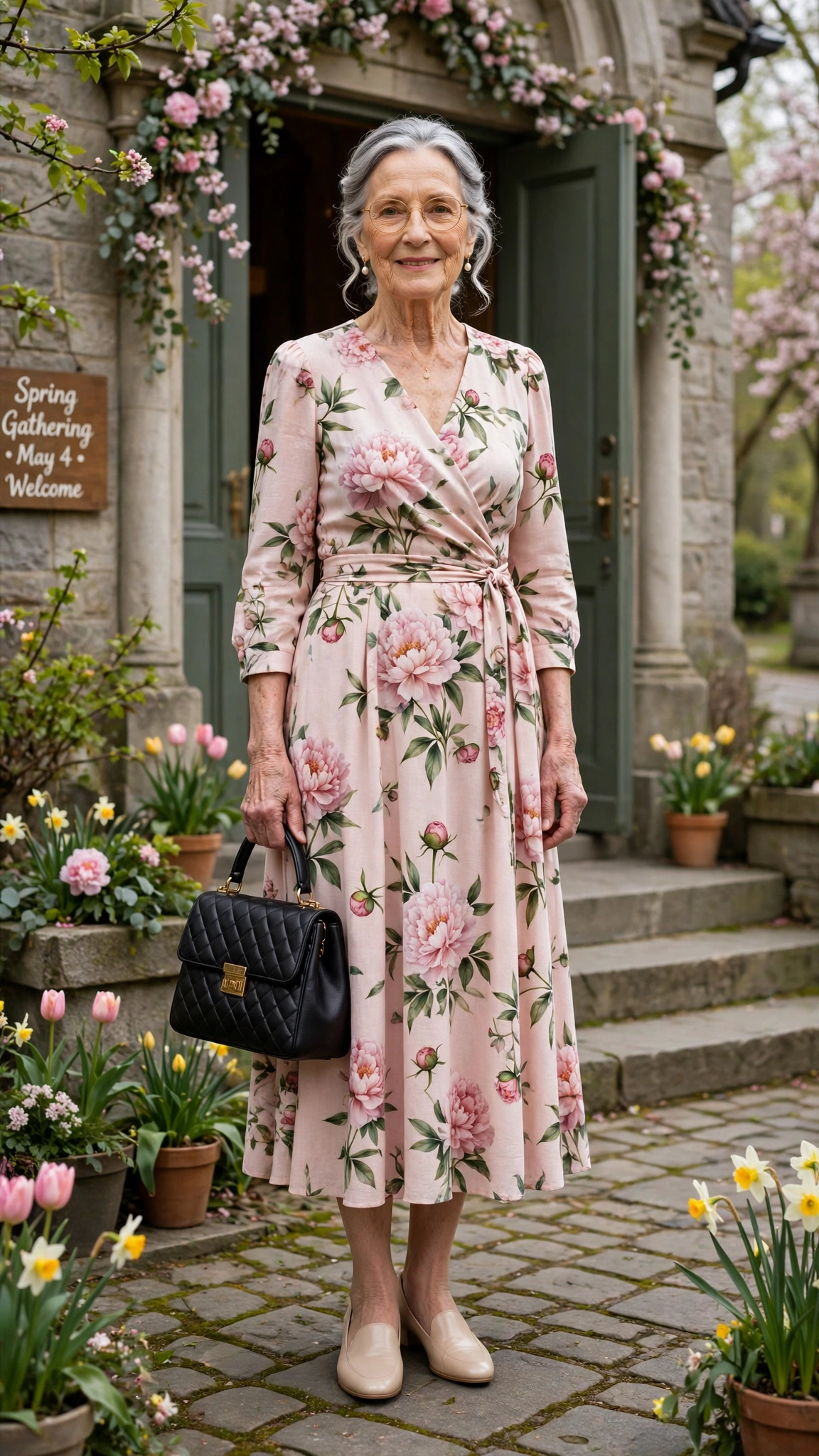 Peony midi dress with a structured handbag