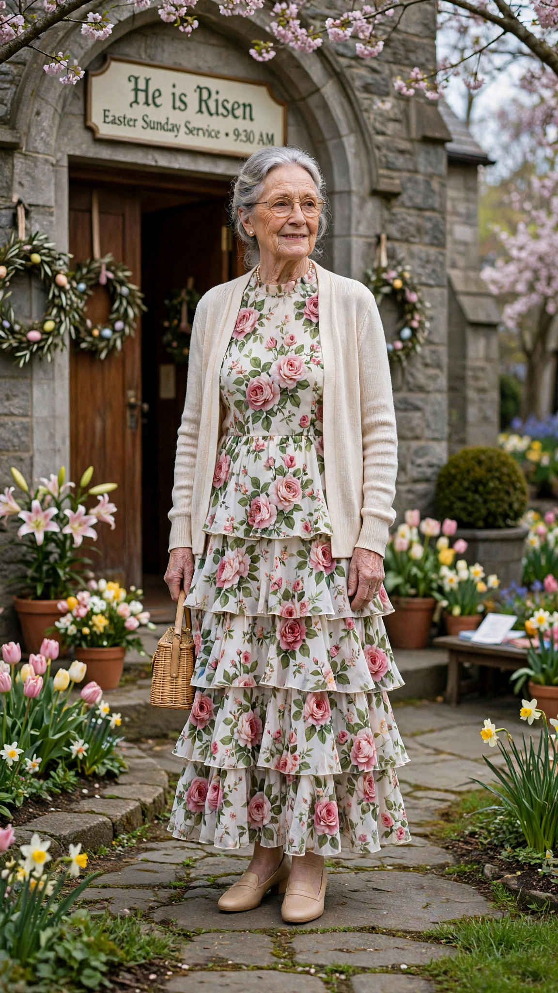 Garden rose tiered dress with a light cardigan