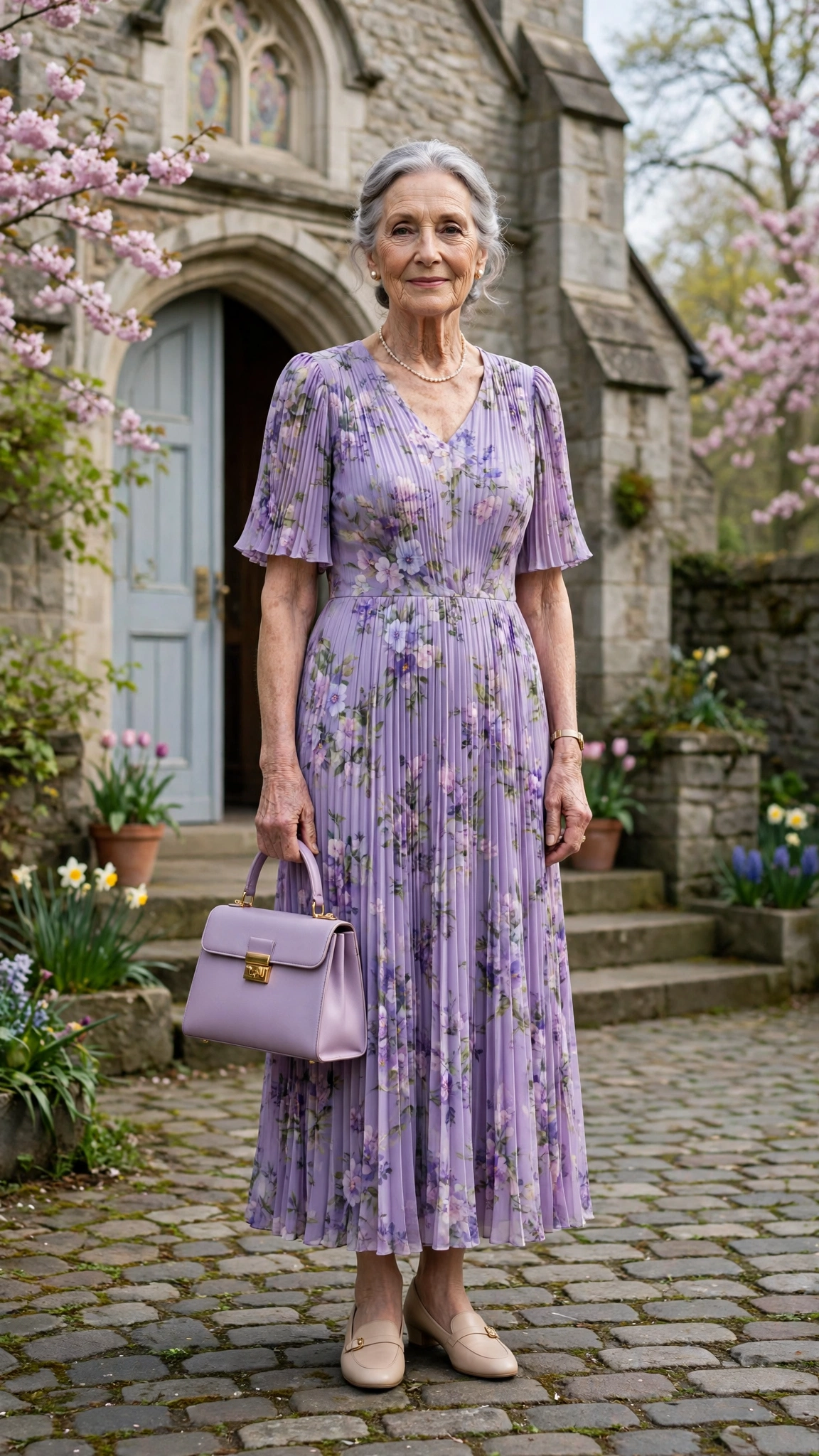 Lavender floral pleated dress with a structured handbag