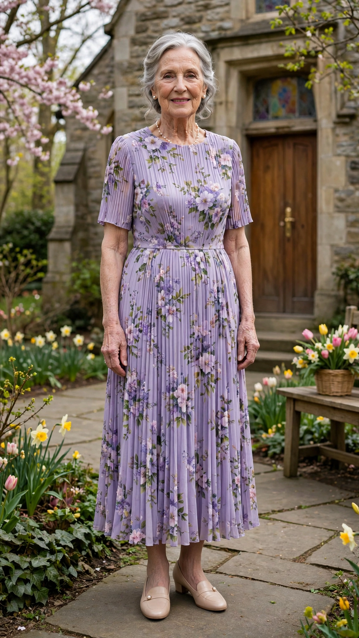 Lavender floral pleated dress with pearl earrings