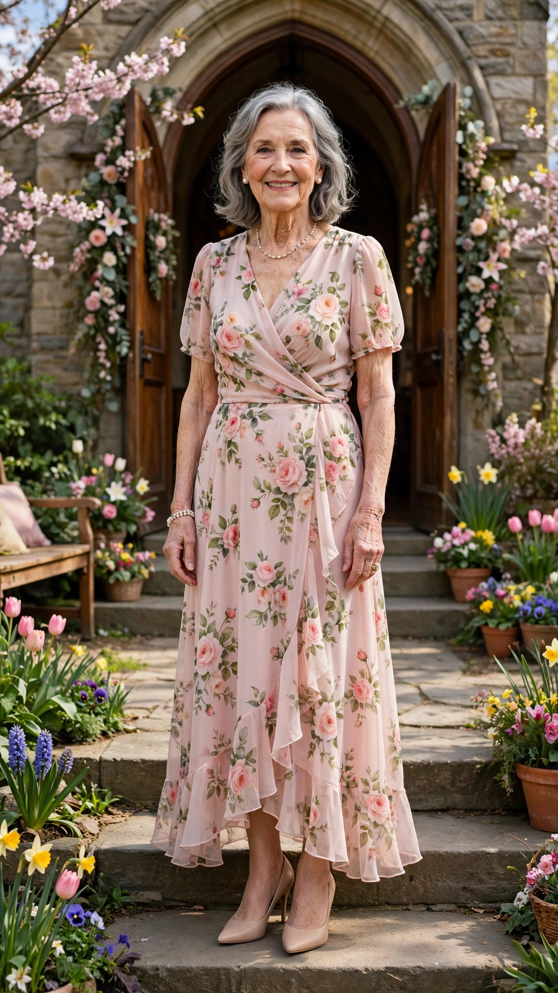 Garden rose chiffon dress with nude heels