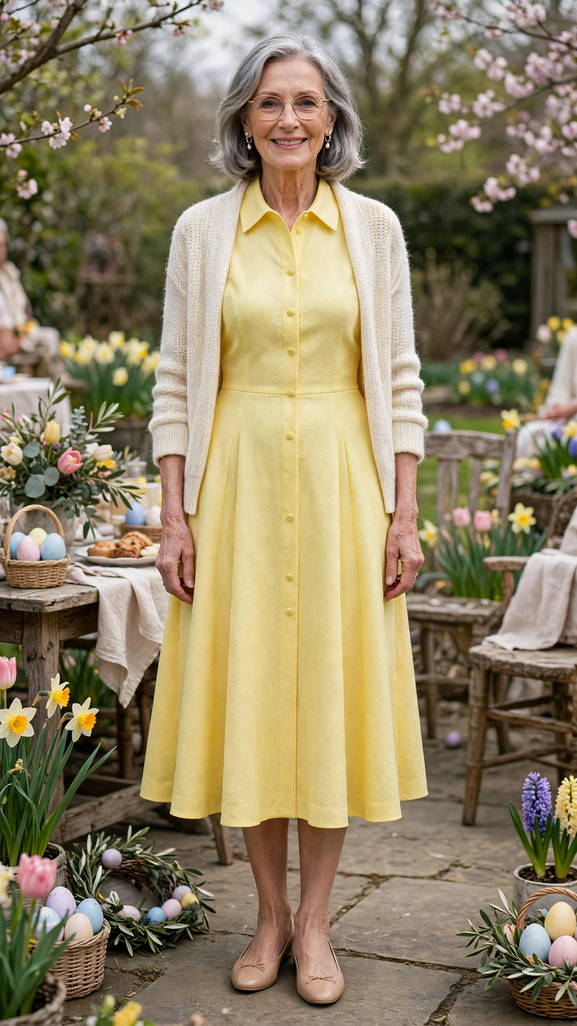 Lemon fit-and-flare midi dress with a cream cardigan with nude ballet flats