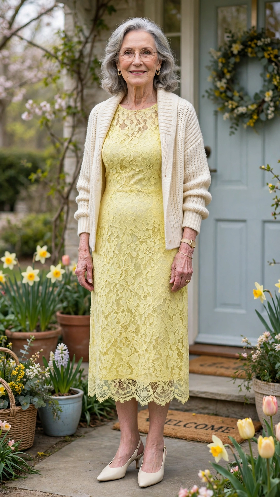 Lemon lace midi dress with a cream cardigan with cream slingbacks