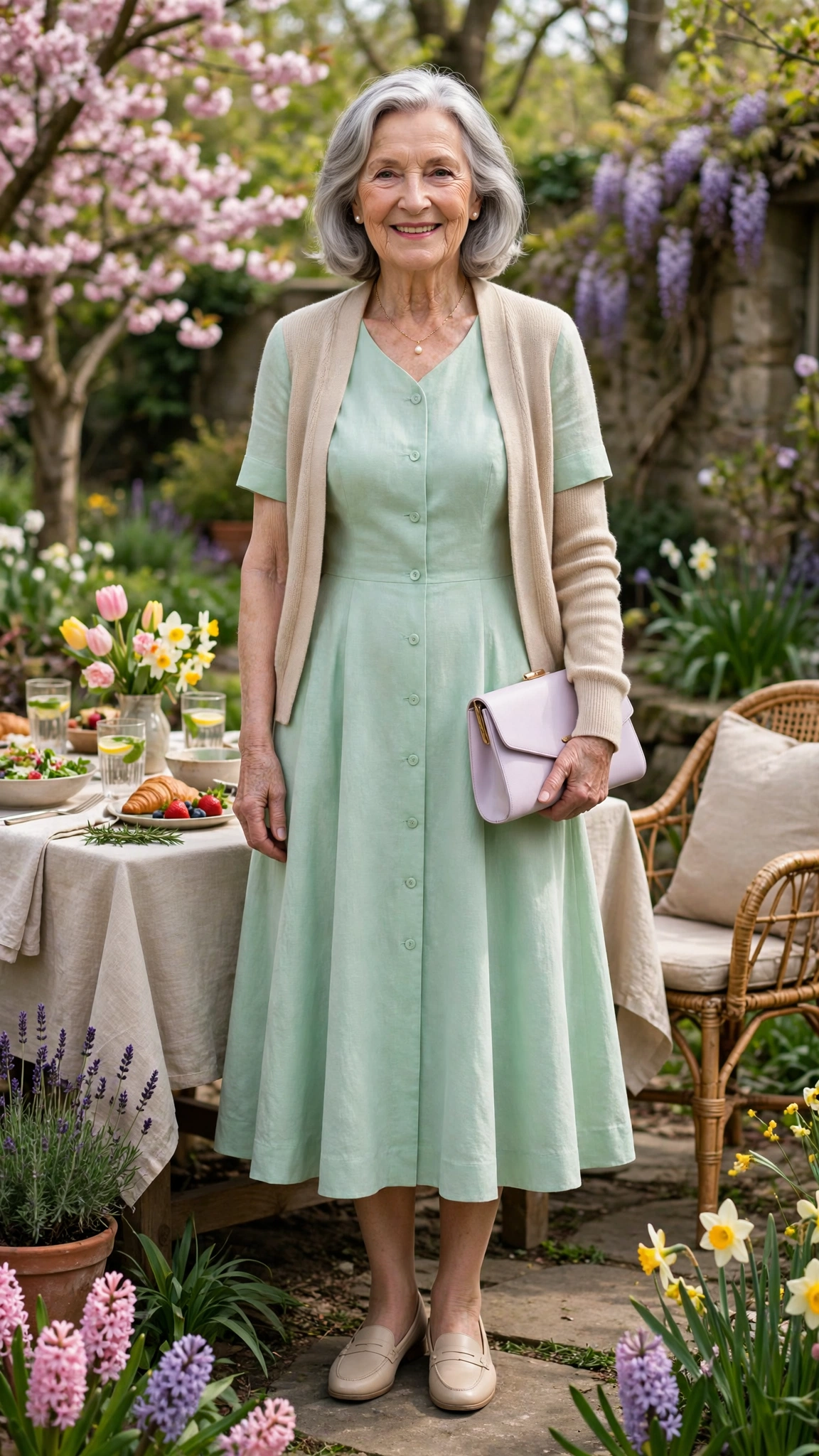 Mint fit-and-flare midi dress with a beige cardigan with a pastel clutch