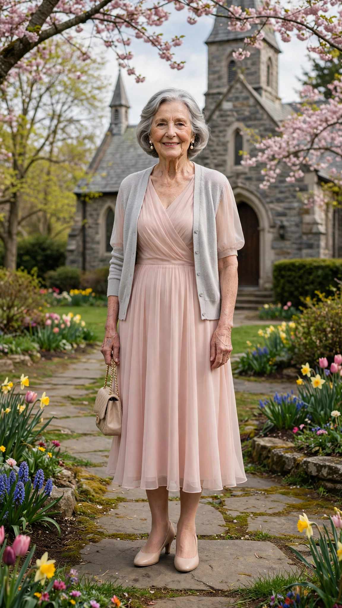 Blush chiffon midi dress with a pale grey cardigan with pearl earrings