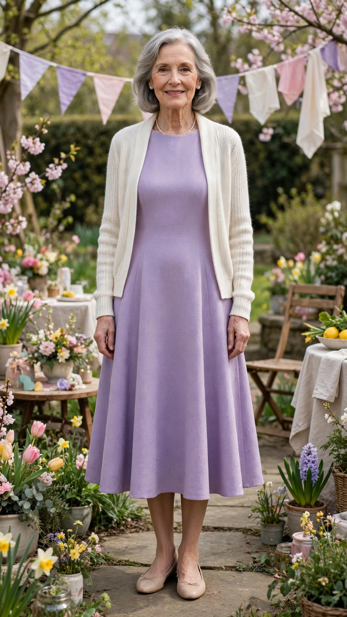 Lavender A-line midi dress with an ivory cardigan with nude ballet flats