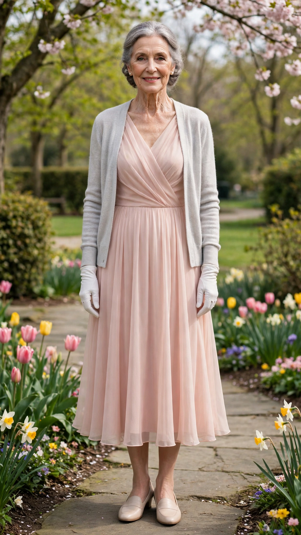 Blush chiffon midi dress with a pale grey cardigan with white gloves
