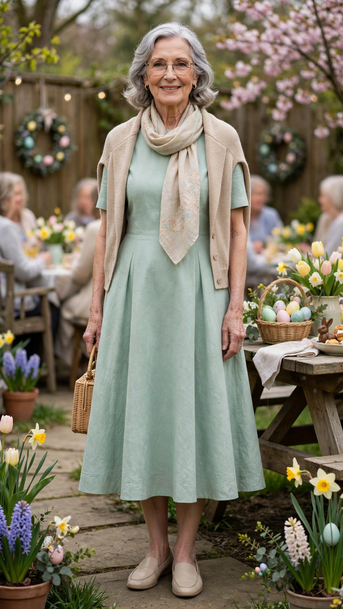 Mint A-line midi dress with a beige cardigan with a light scarf