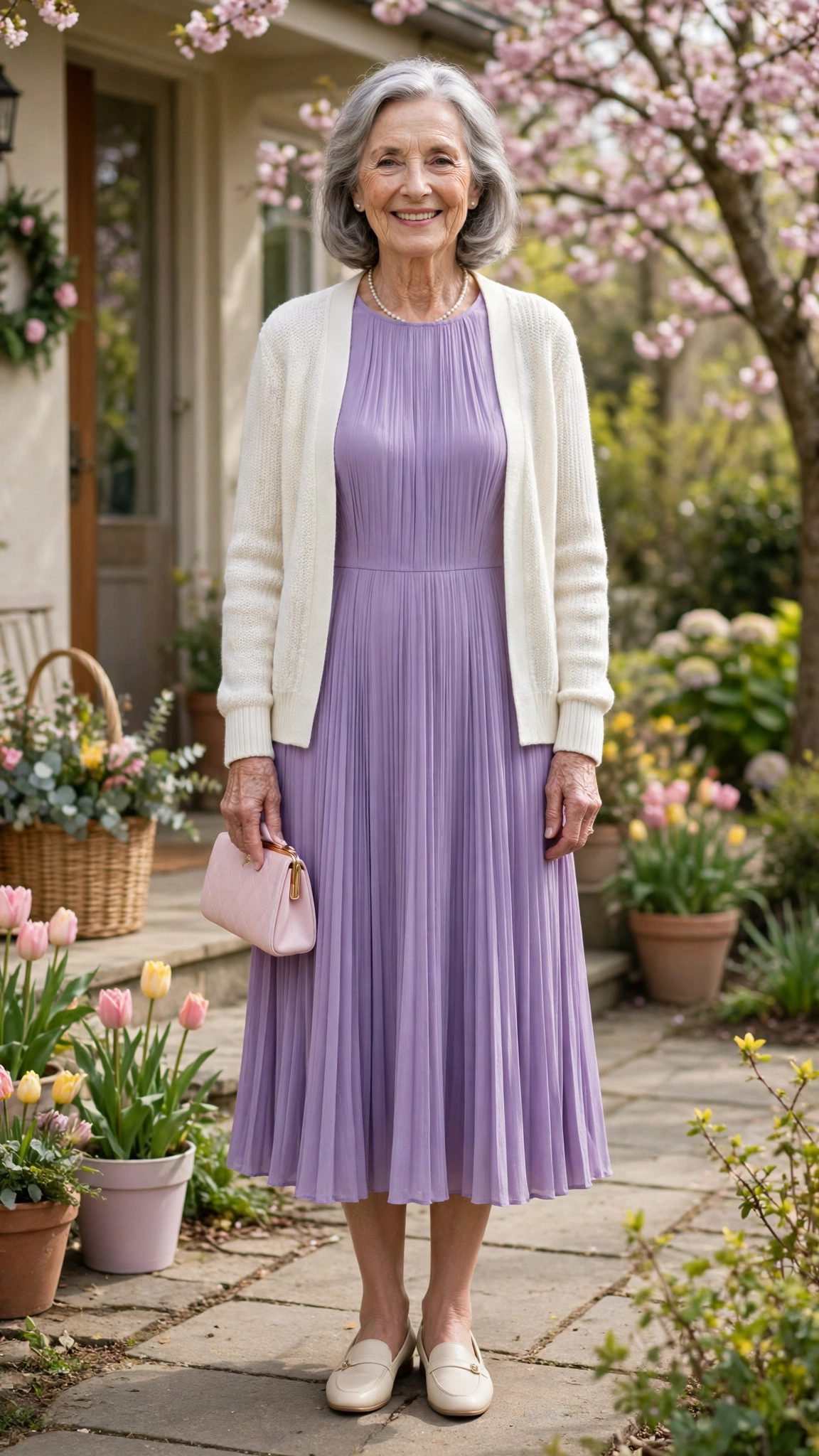 Lavender pleated midi dress with an ivory cardigan with a pastel clutch