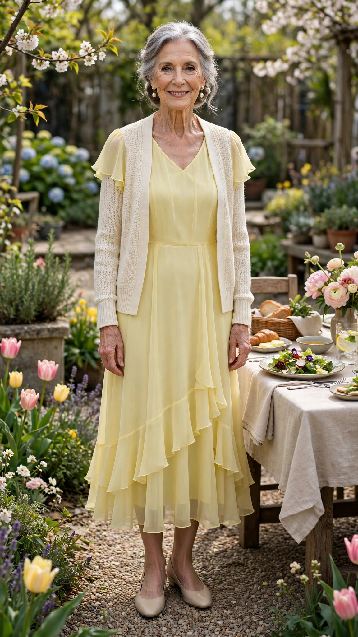 Lemon chiffon midi dress with a cream cardigan with pearl earrings