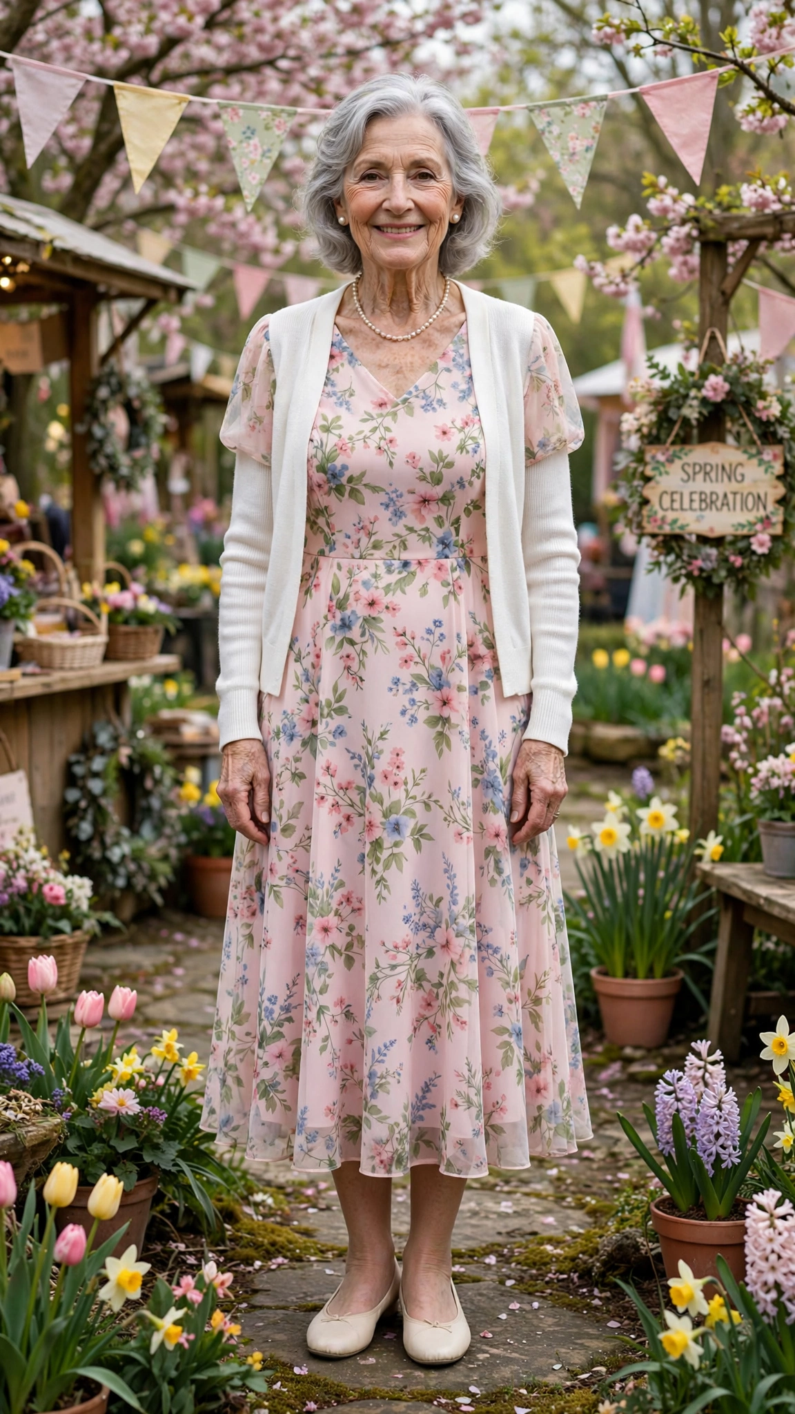 Floral chiffon midi dress with a white cardigan with pearl earrings