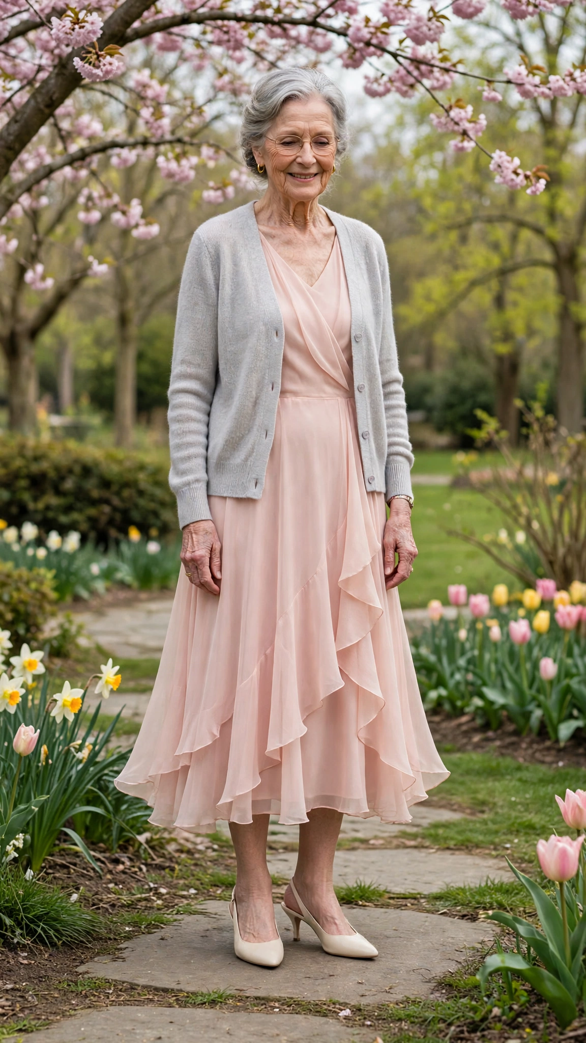 Blush chiffon midi dress with a pale grey cardigan with cream slingbacks