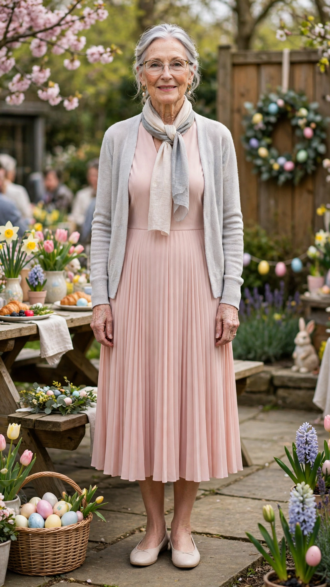Blush pleated midi dress with a pale grey cardigan with a light scarf