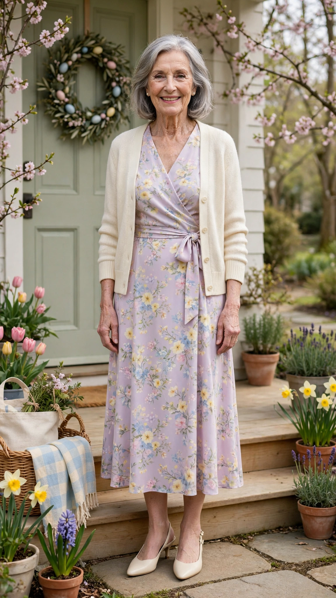 Pastel wrap midi dress with a cream cardigan with cream slingbacks