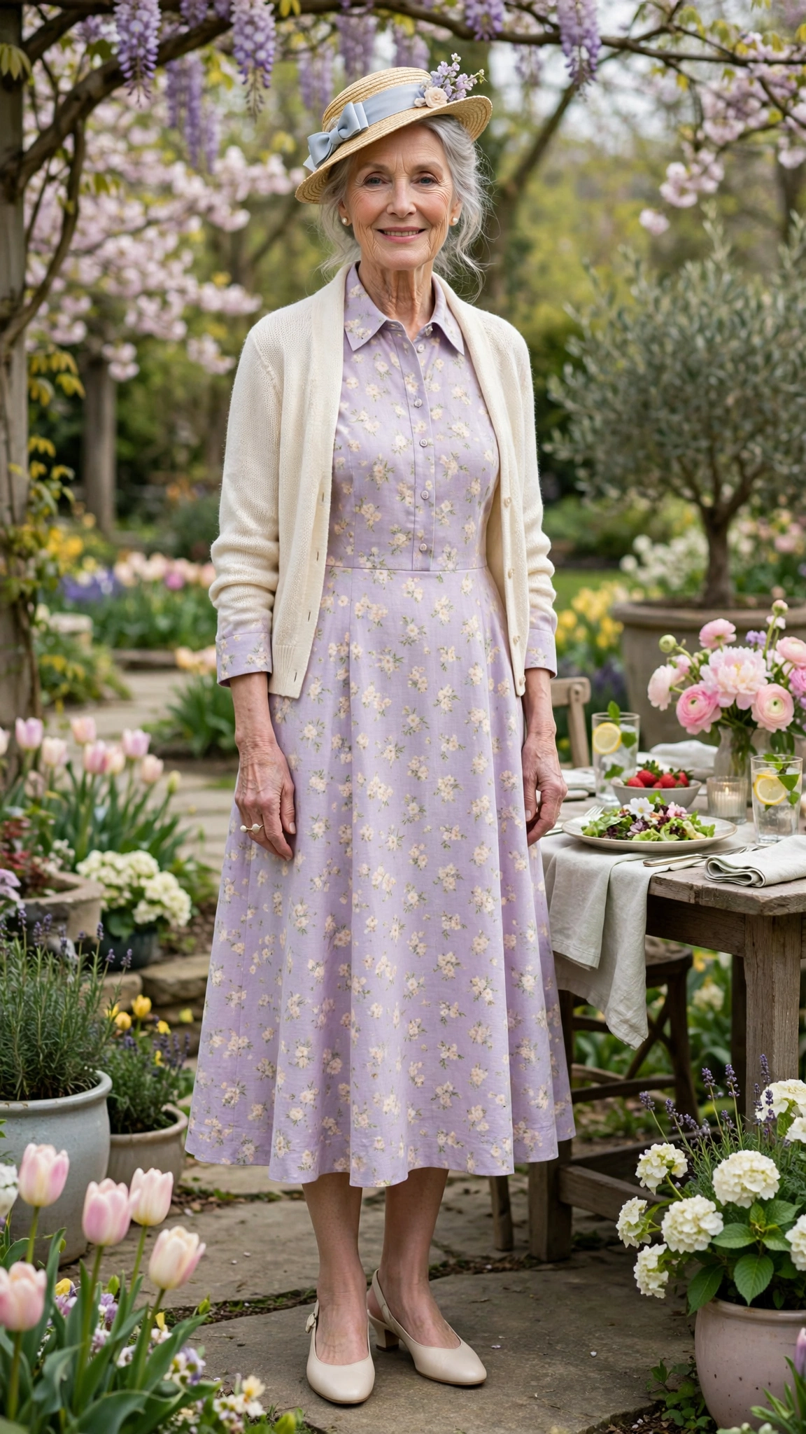 Pastel midi dress with a cream cardigan with a small hat