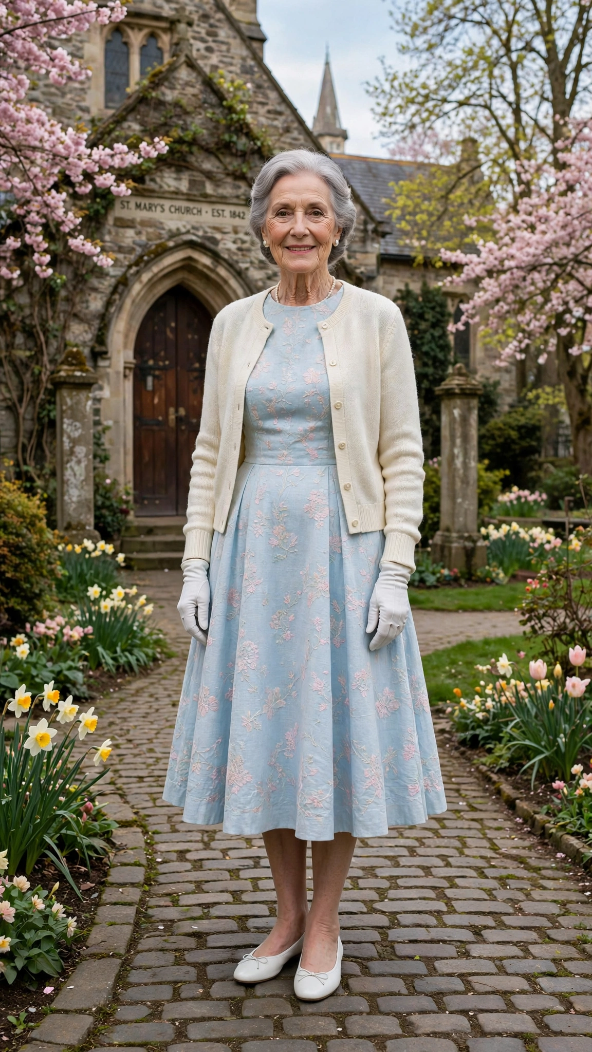 Pastel fit-and-flare midi dress with a cream cardigan with white gloves