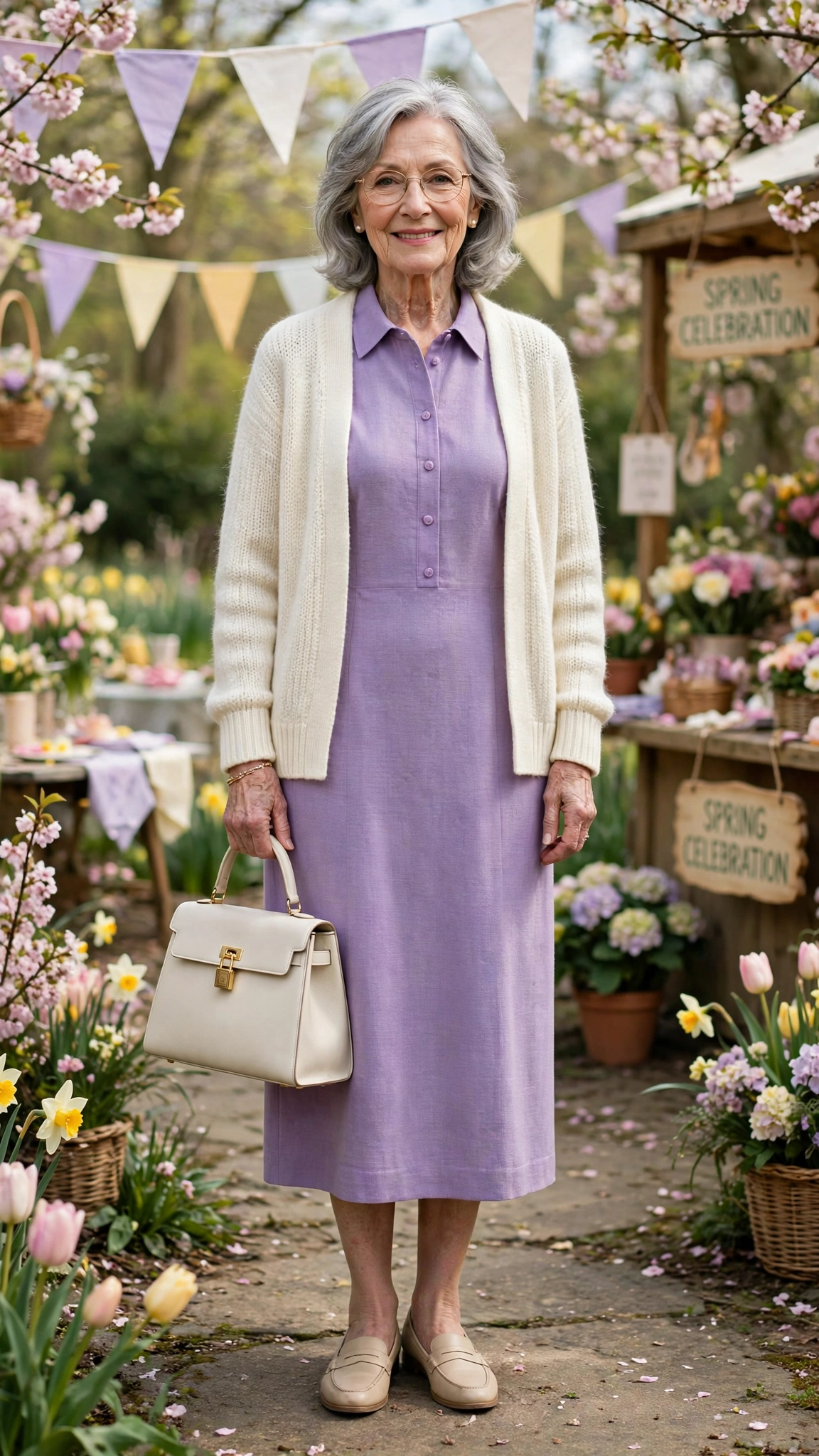 Lavender midi dress with an ivory cardigan with a structured handbag