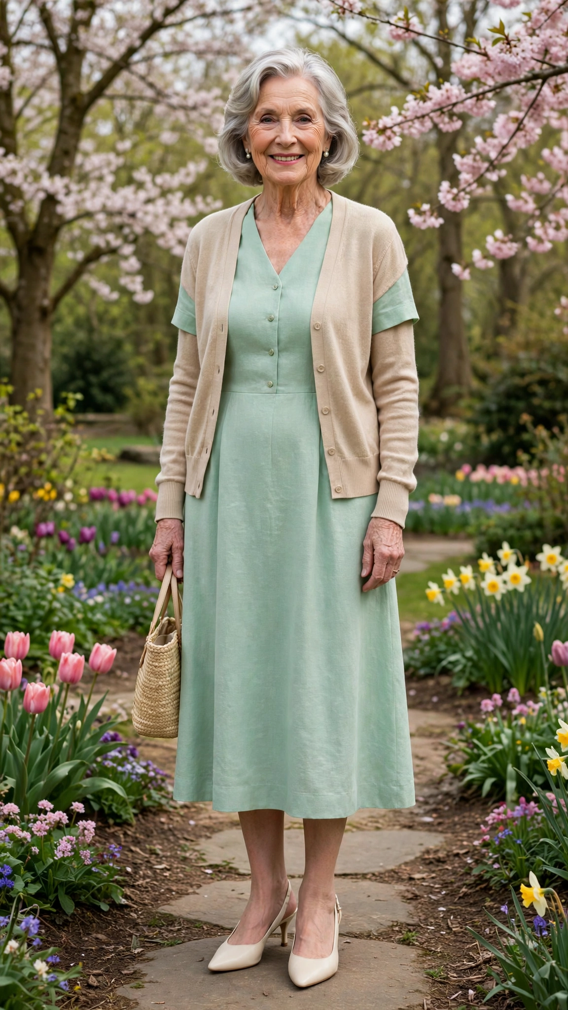 Mint midi dress with a beige cardigan with cream slingbacks