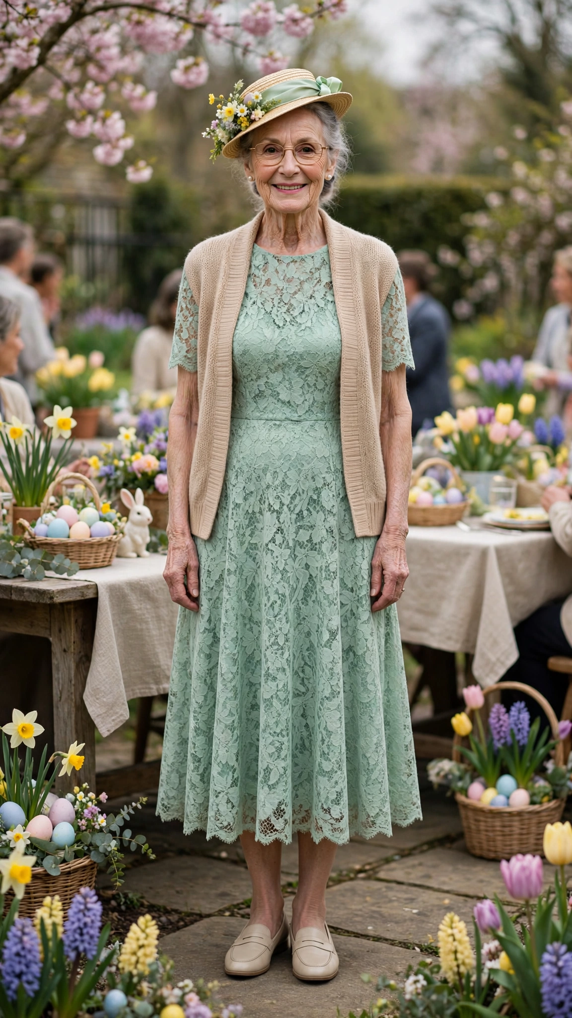 Mint lace midi dress with a beige cardigan with a small hat