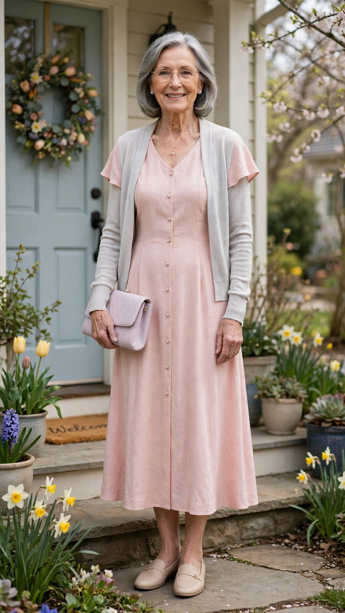 Blush midi dress with a pale grey cardigan with a pastel clutch