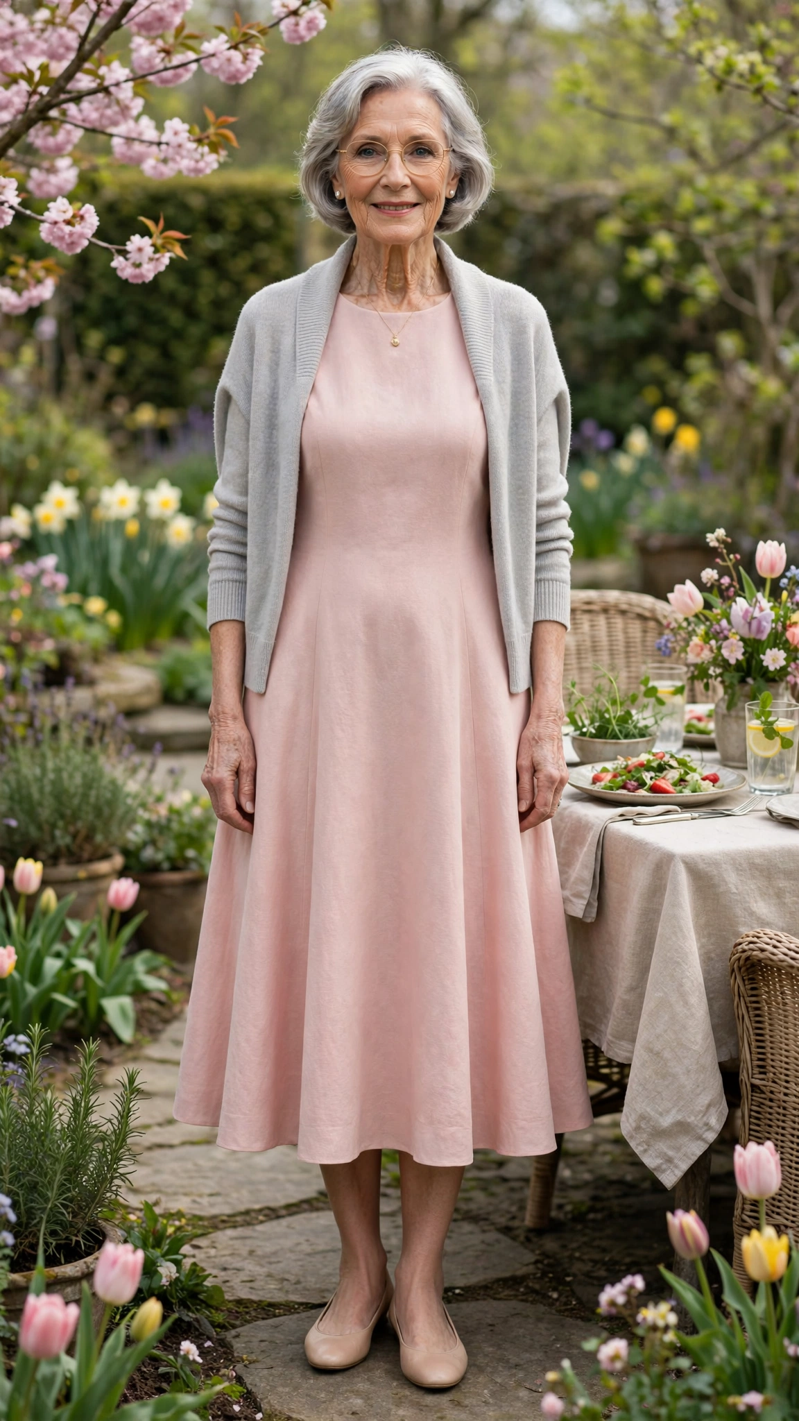 Blush A-line midi dress with a pale grey cardigan with nude ballet flats