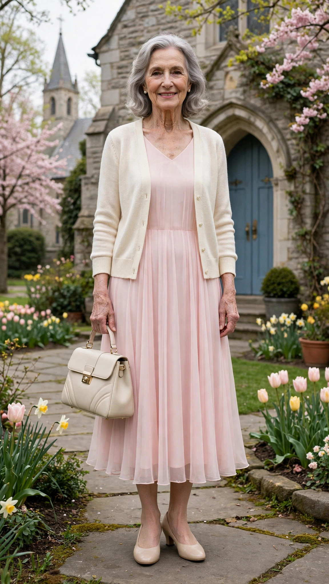 Pastel chiffon midi dress with a cream cardigan with a structured handbag