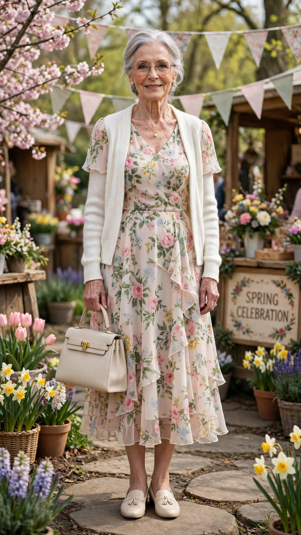 Floral chiffon midi dress with a white cardigan with a structured handbag