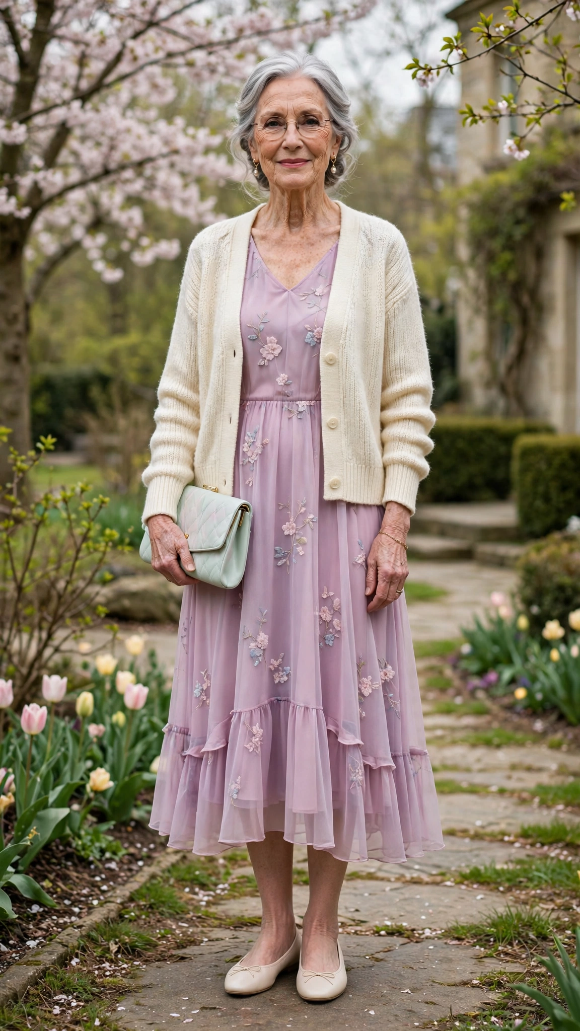 Pastel chiffon midi dress with a cream cardigan with a pastel clutch