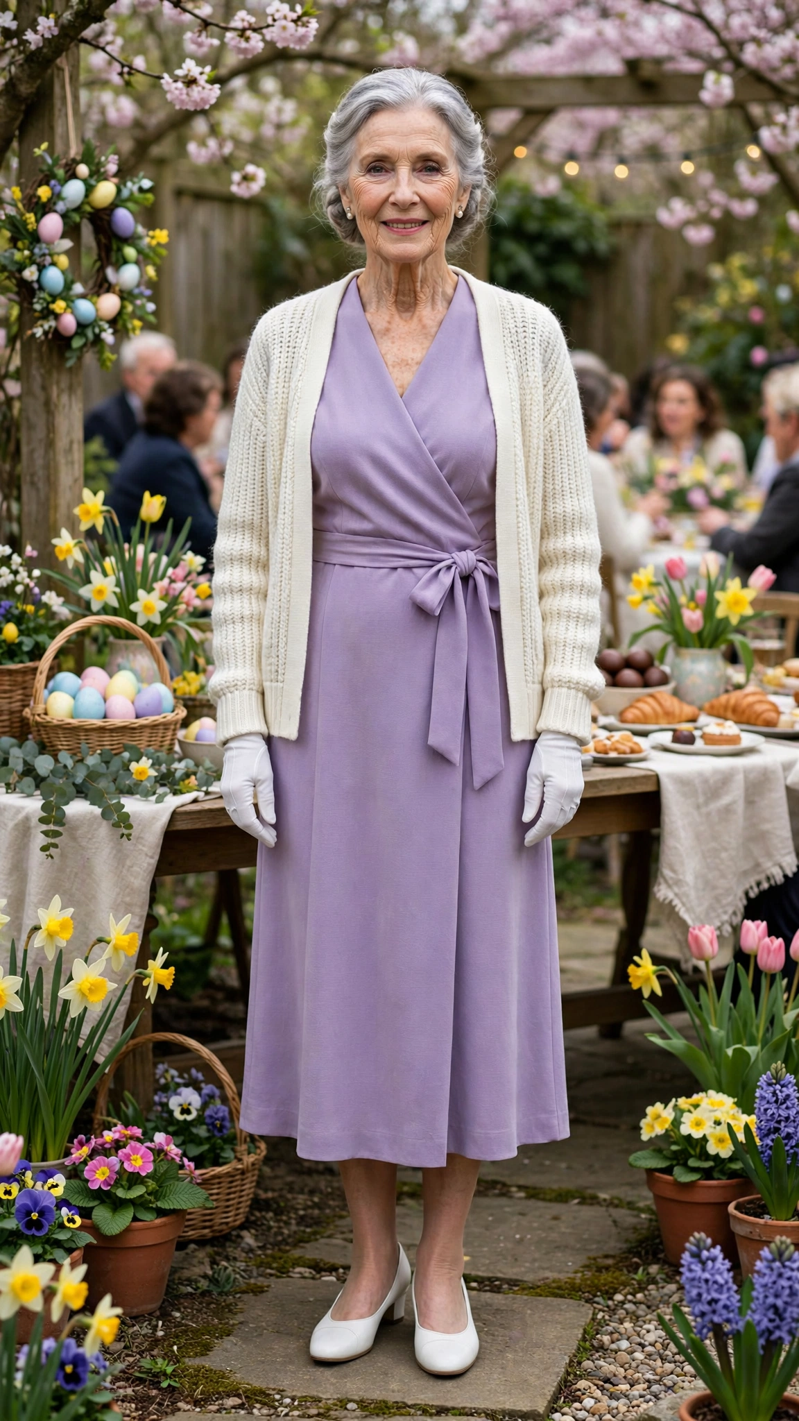 Lavender wrap midi dress with an ivory cardigan with white gloves