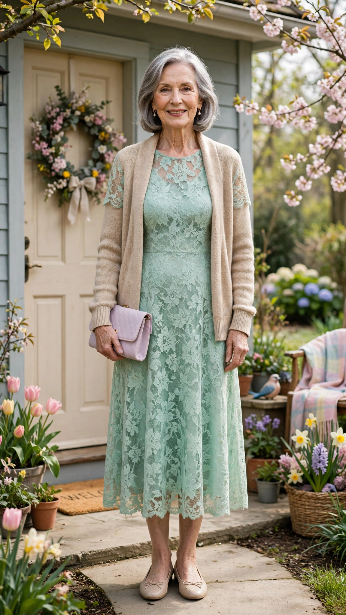 Mint lace midi dress with a beige cardigan with a pastel clutch
