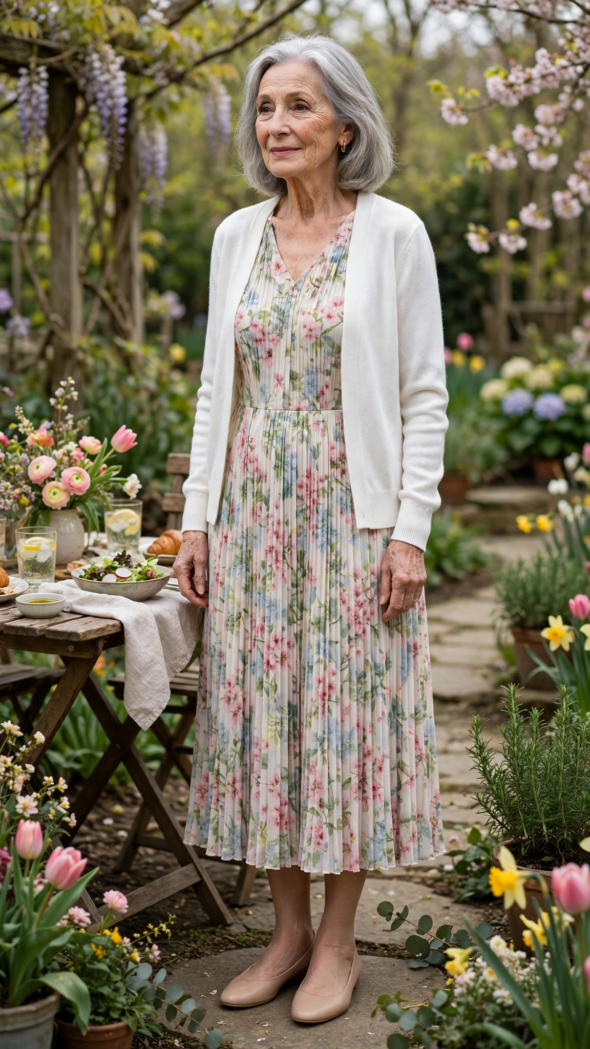 Floral pleated midi dress with a white cardigan with nude ballet flats
