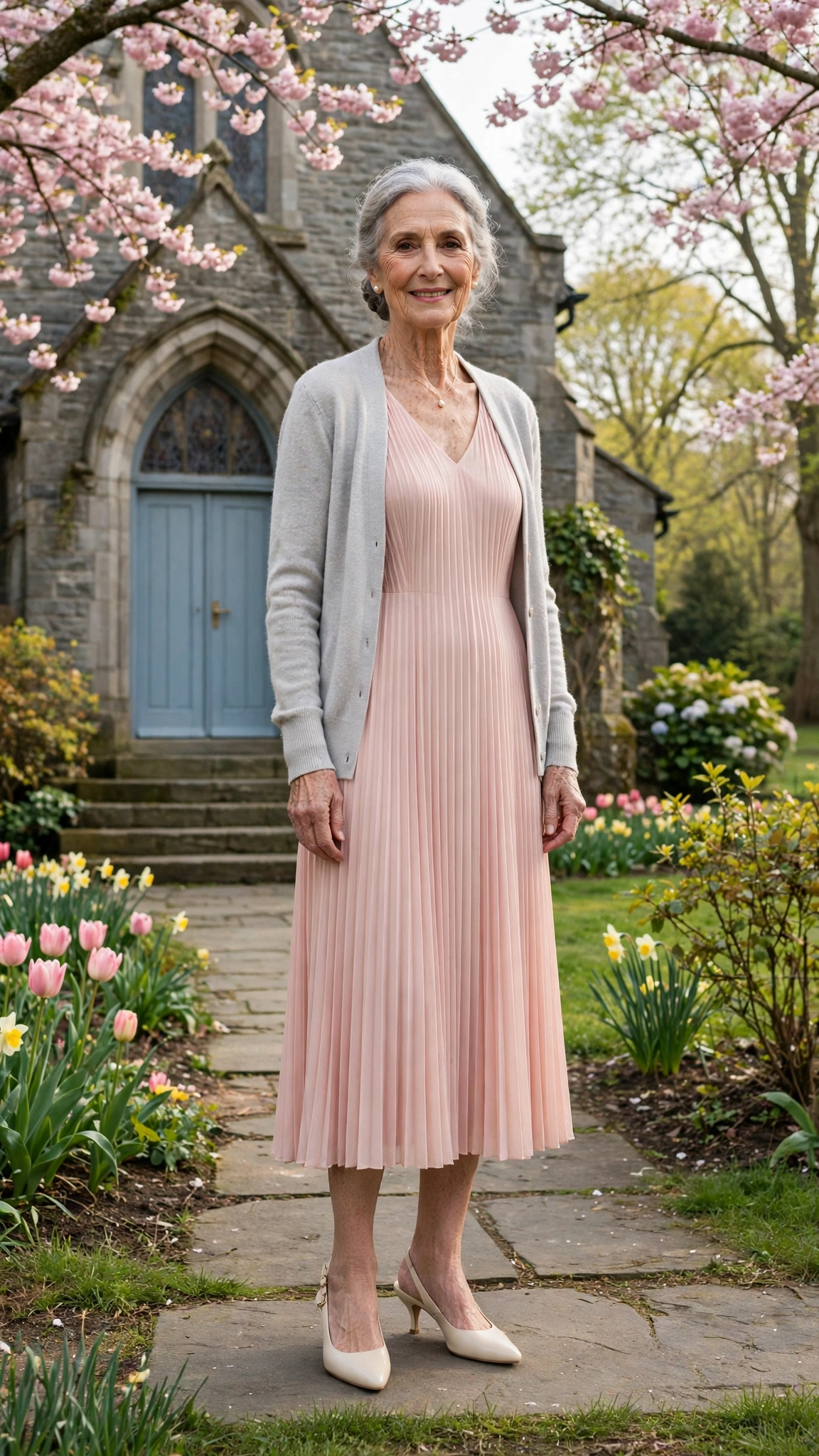 Blush pleated midi dress with a pale grey cardigan with cream slingbacks