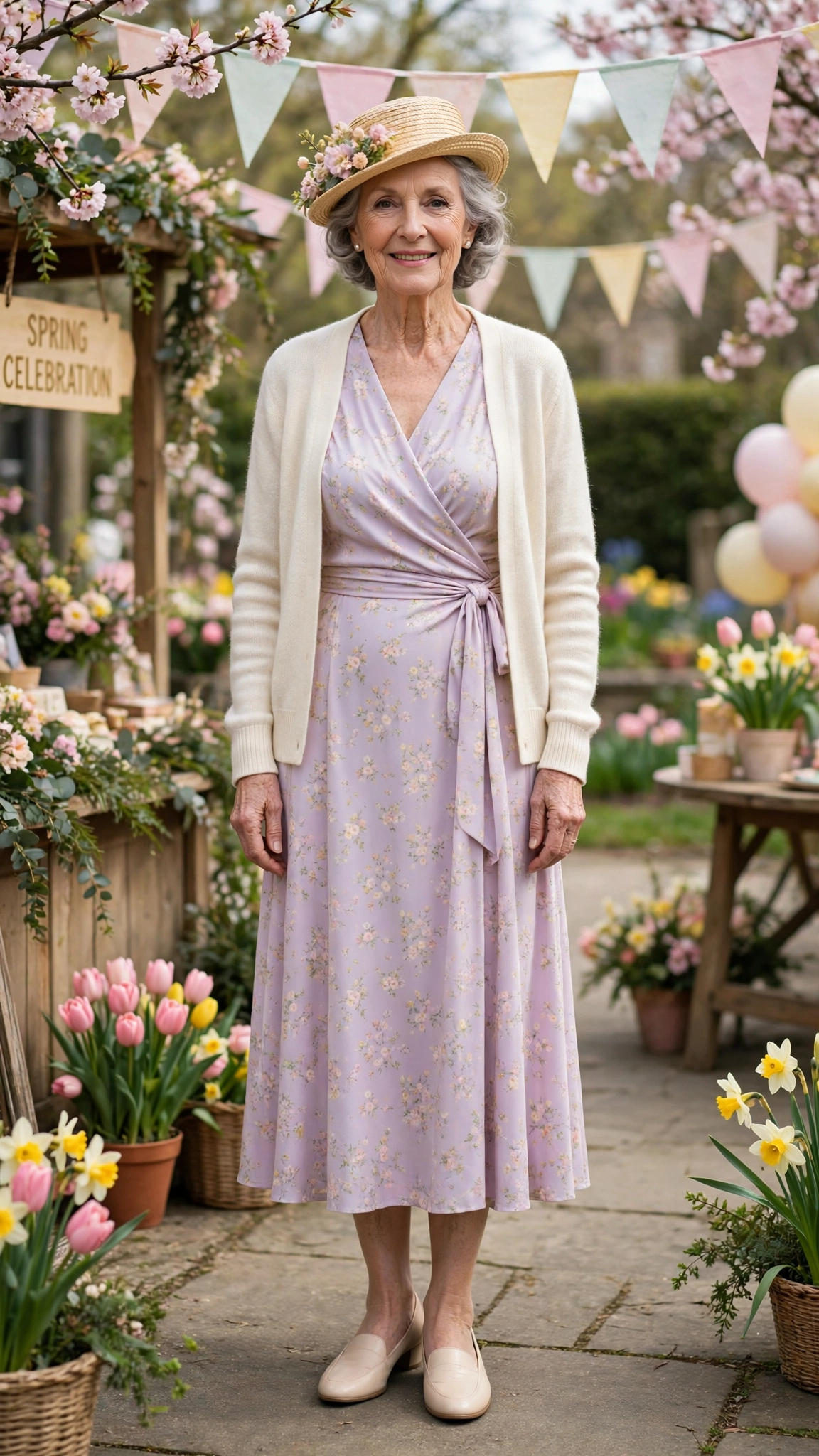 Pastel wrap midi dress with a cream cardigan with a small hat