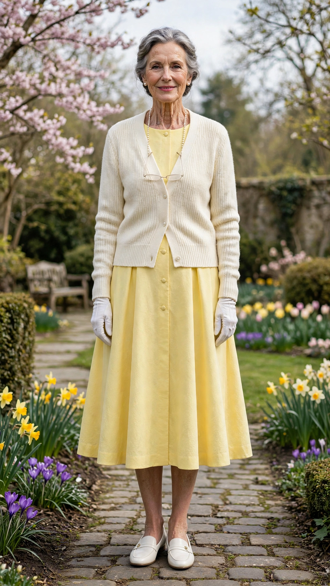 Lemon A-line midi dress with a cream cardigan with white gloves