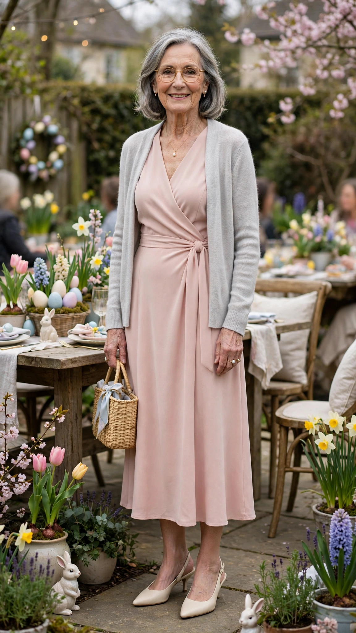 Blush wrap midi dress with a pale grey cardigan with cream slingbacks
