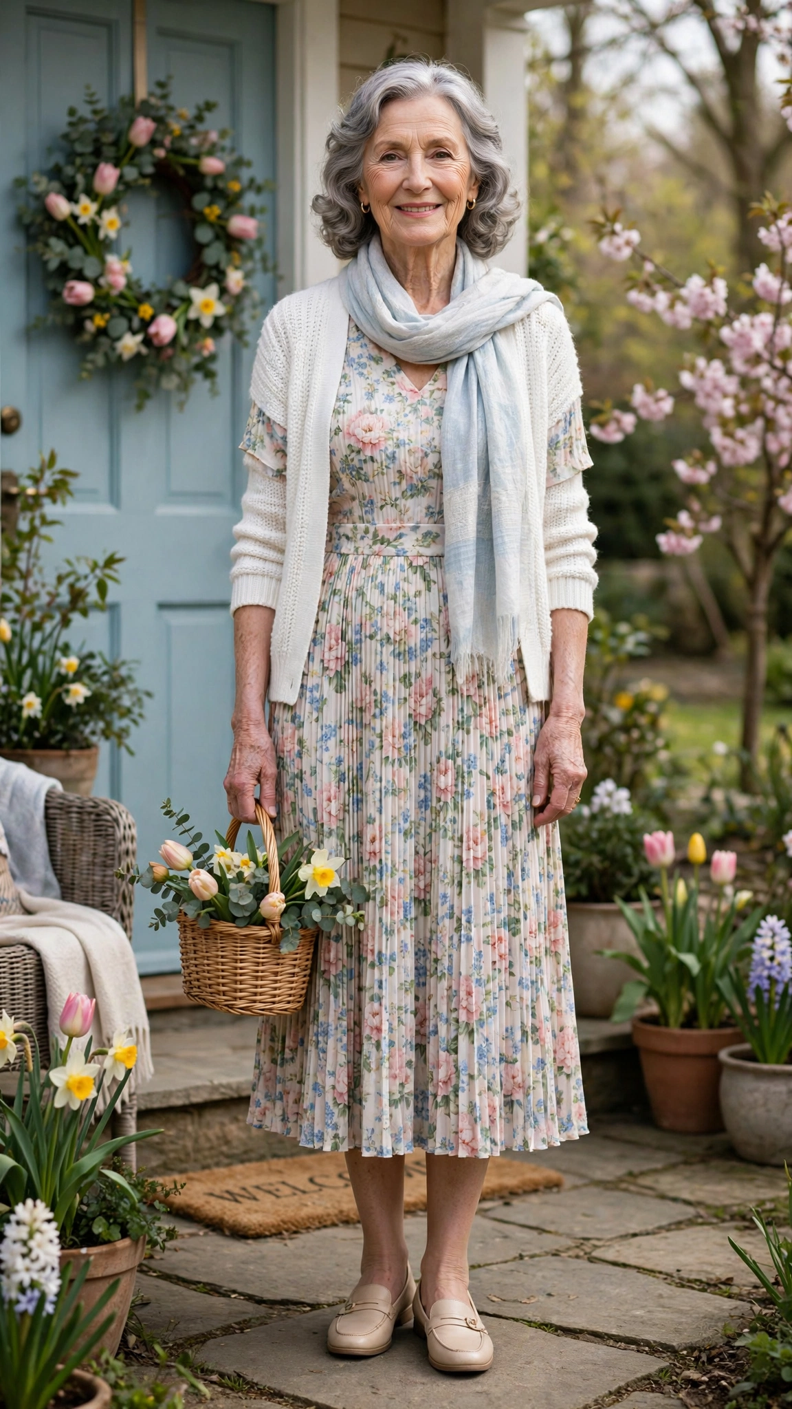 Floral pleated midi dress with a white cardigan with a light scarf