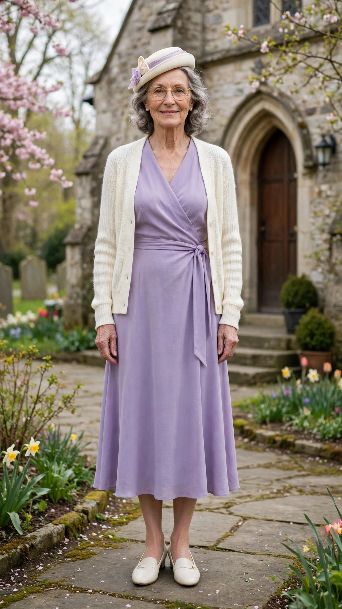 Lavender wrap midi dress with an ivory cardigan with a small hat