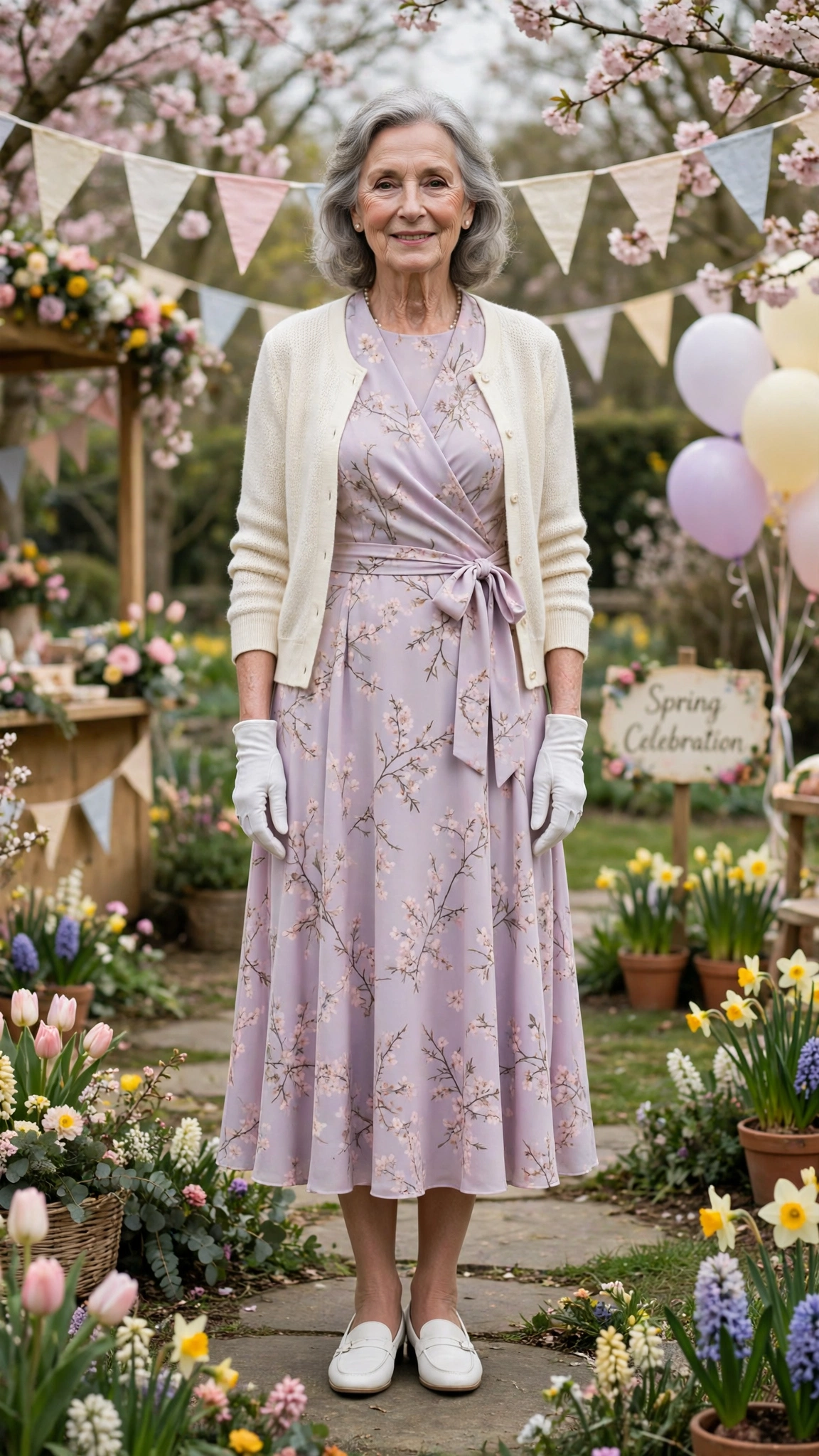 Pastel wrap midi dress with a cream cardigan with white gloves