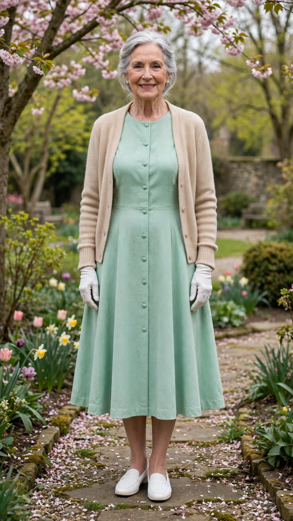 Mint A-line midi dress with a beige cardigan with white gloves