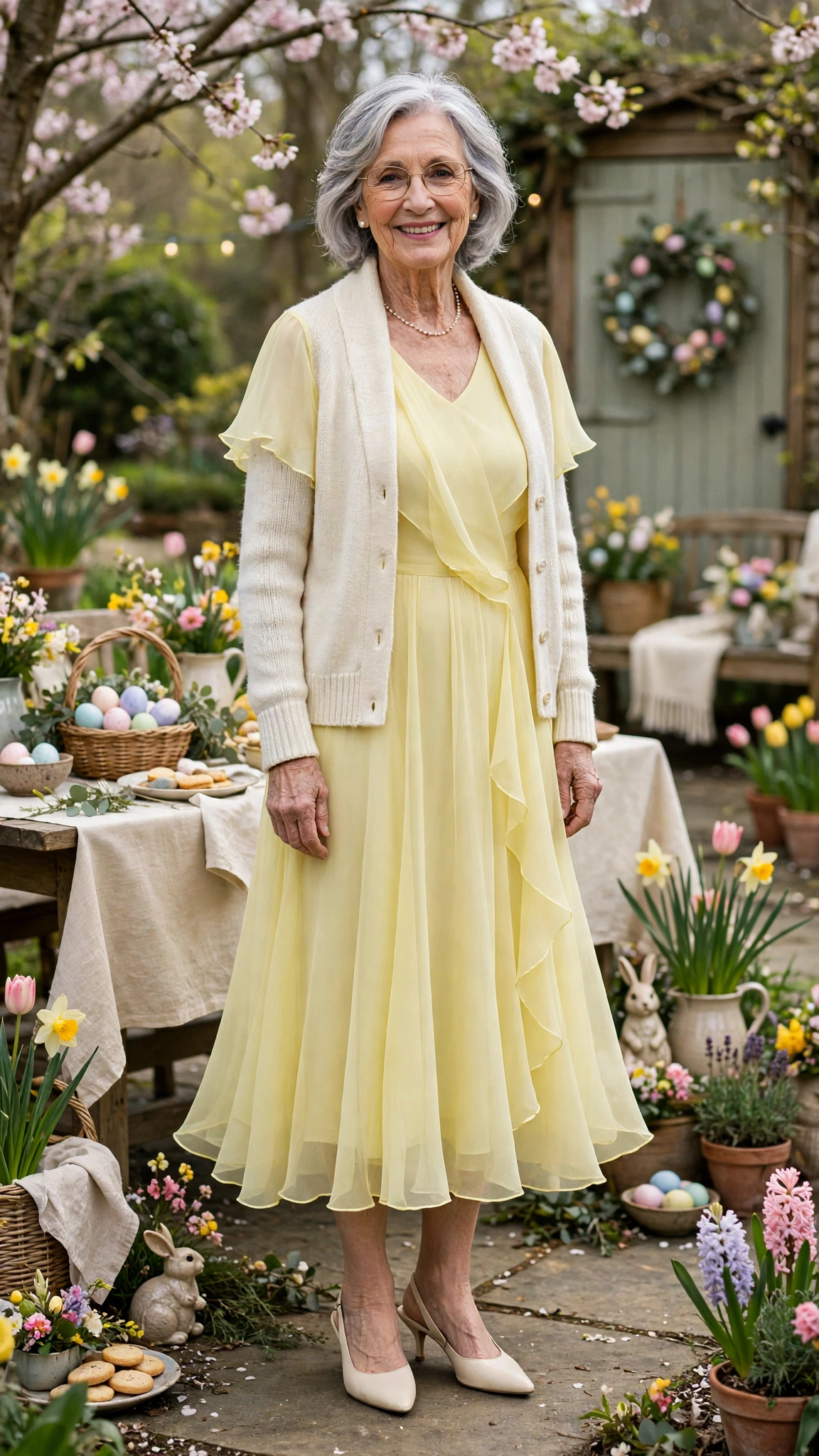 Lemon chiffon midi dress with a cream cardigan with cream slingbacks