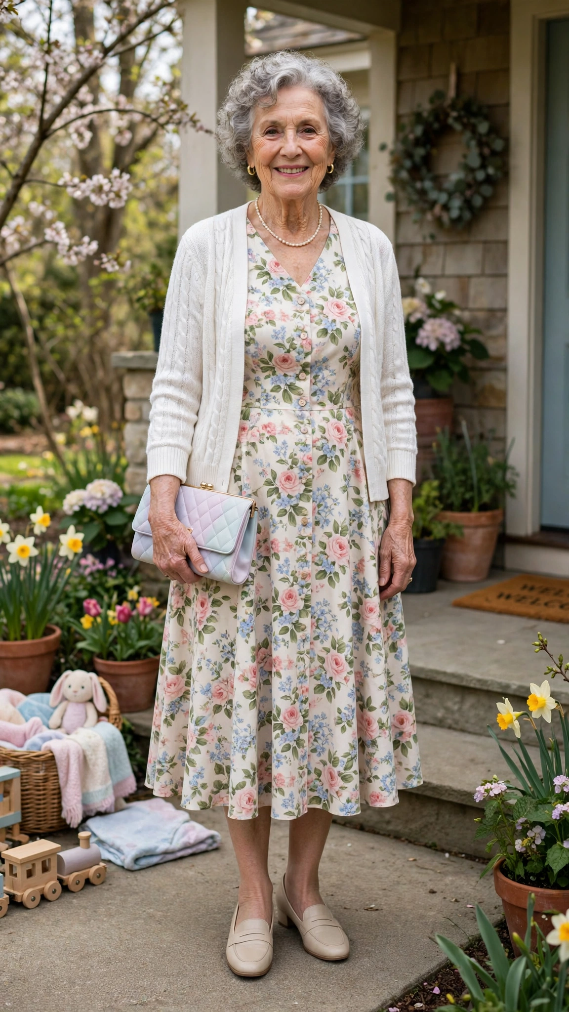 Floral fit-and-flare midi dress with a white cardigan with a pastel clutch