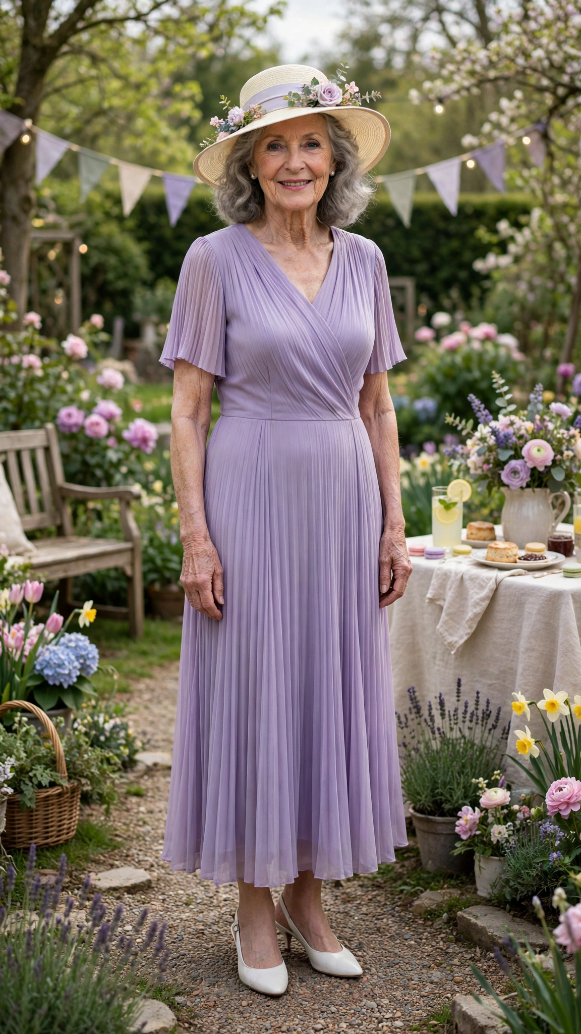 Lavender pleated dress with a pale garden hat and white slingbacks