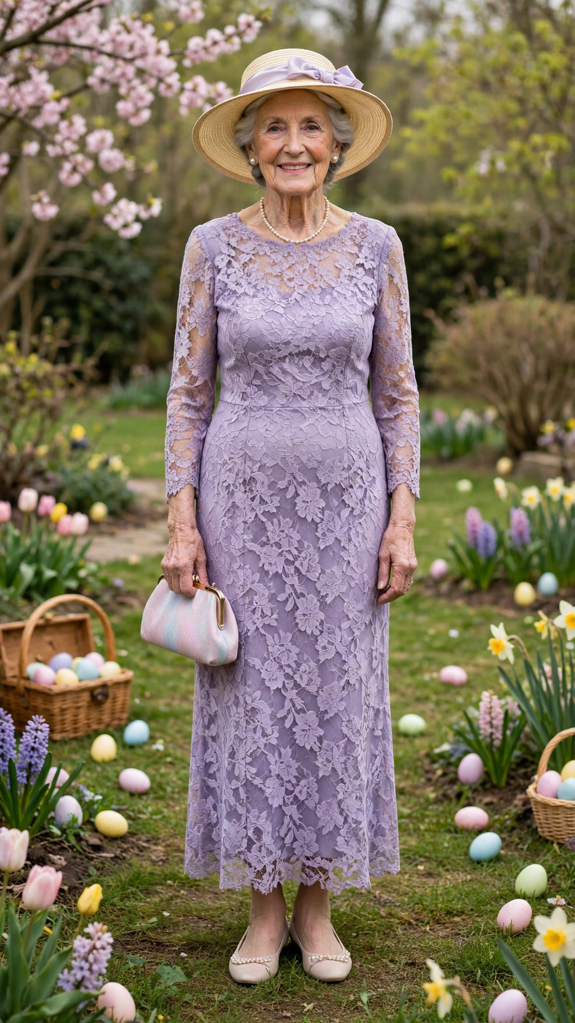 Lavender lace dress with a pale straw hat and a pastel clutch