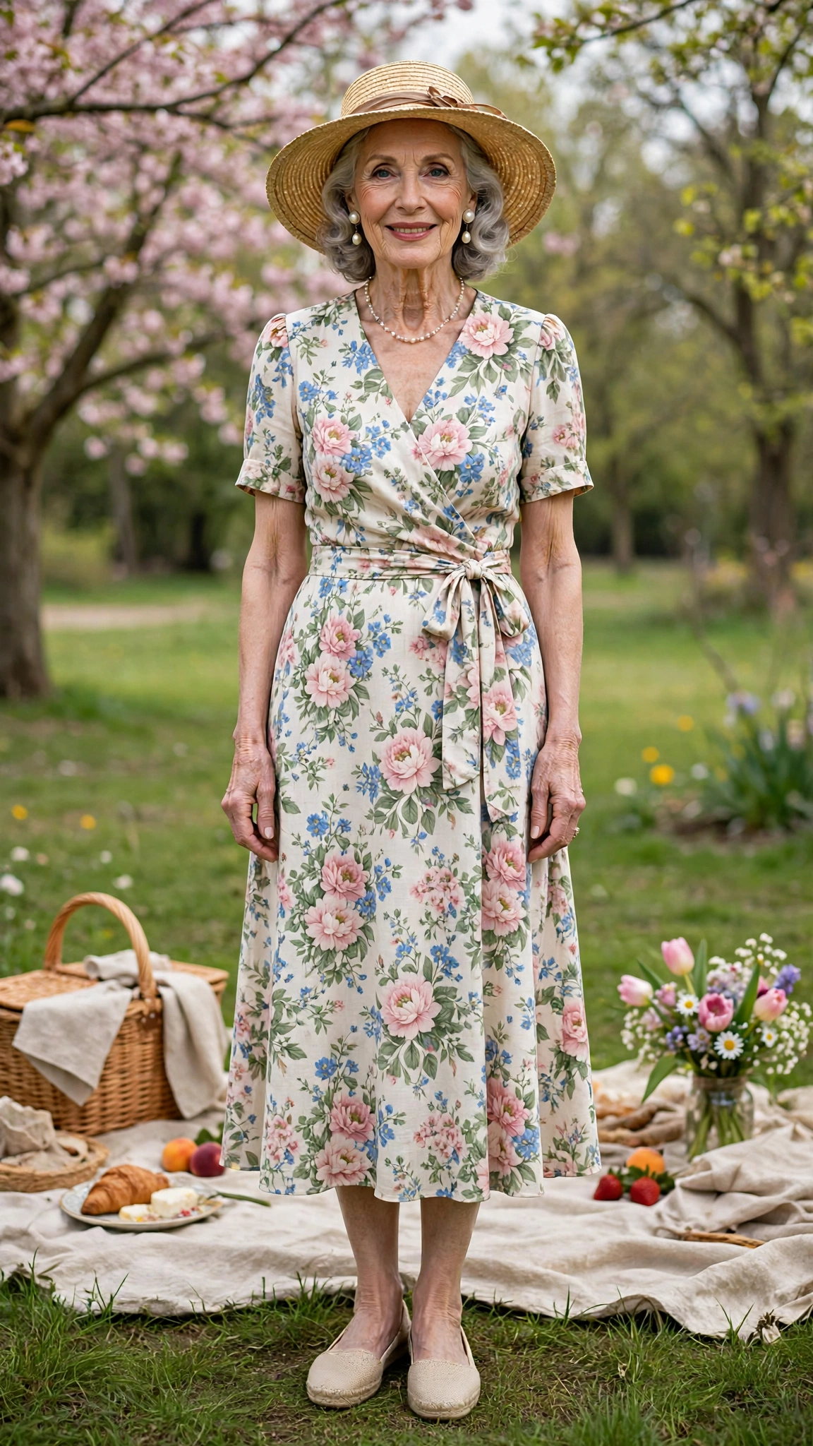 Floral midi dress with a straw wide-brim hat and pearl earrings