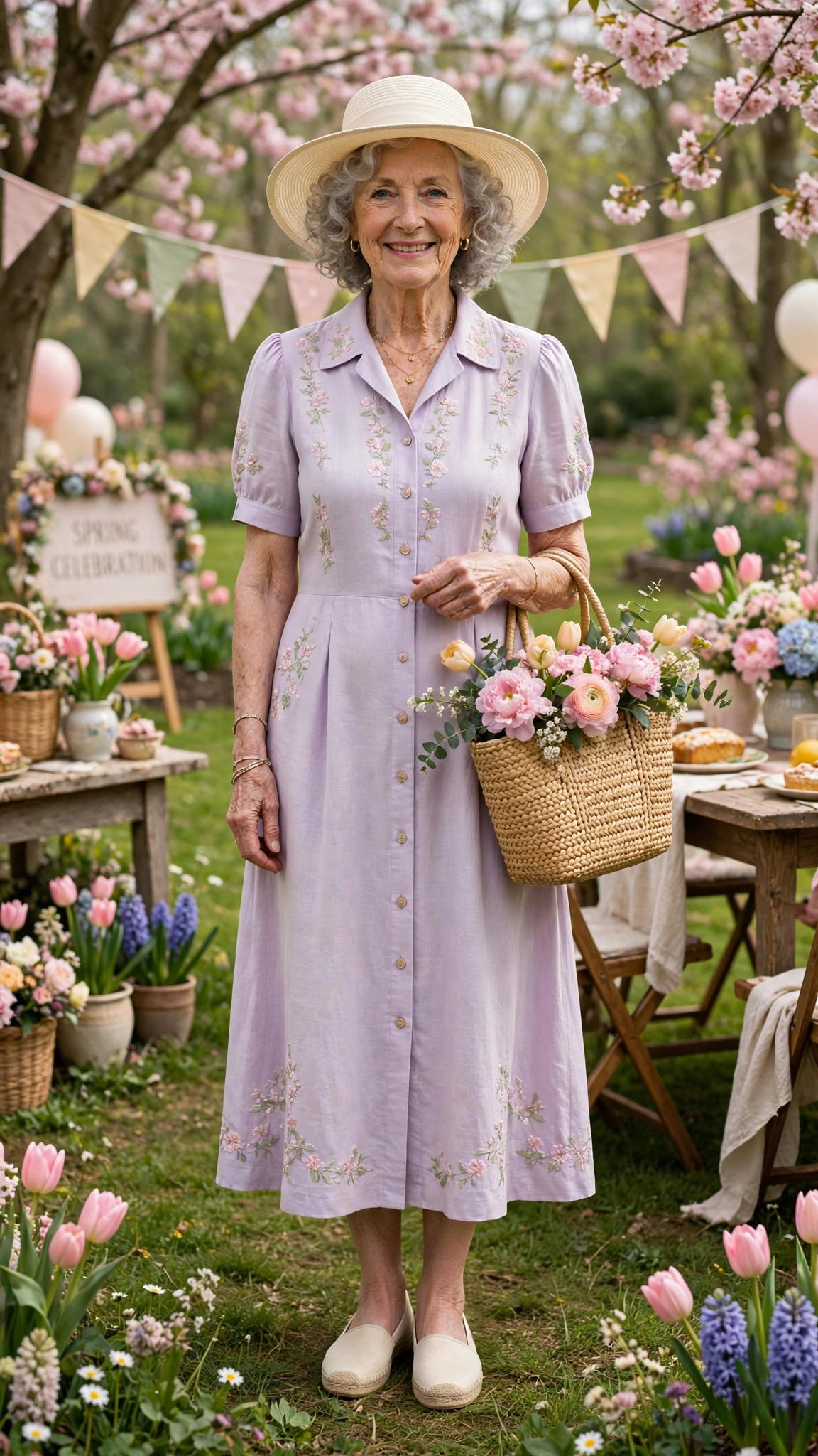Pastel midi dress with a cream wide-brim hat and a woven tote