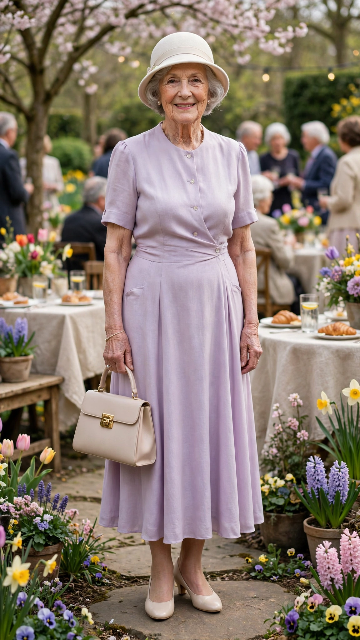 Lavender pastel dress with a pale cloche hat and a structured handbag